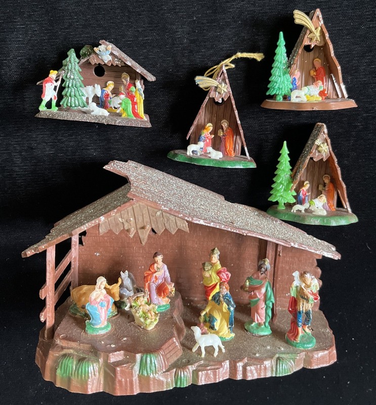 Vintage 60’s Miniature Nativity Set Shiny Brite Plastic Hong Kong Christmas LOT