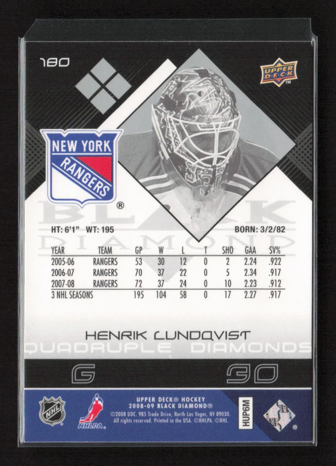 2008-09 Upper Deck Black Diamond #180 Henrik Lundqvist New York Rangers NM - Image 2 of 2