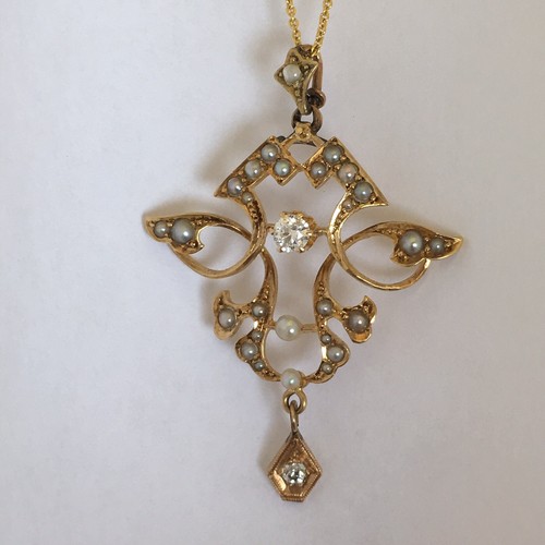 Victorian 14K Gold Diamond, Seed Pearl Pendent 1880s Handmade American - Picture 3 of 11