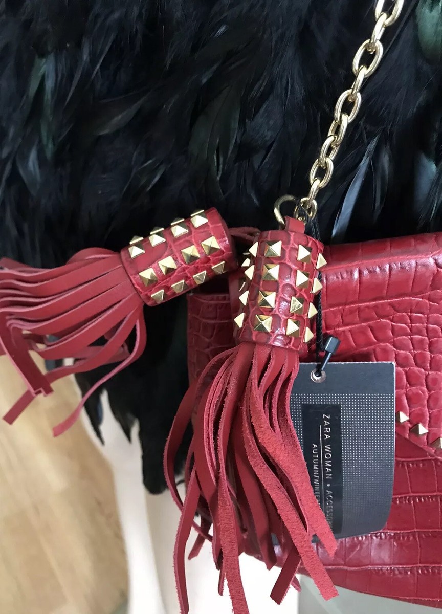 ■LOWEAR■ tassel chain leather bag (2色) ZARA RARE RED LEATHER GOLD STUDDED FRINGE TASSEL CROSS BODY