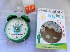 DAVID & GOLIATH Brand New ~ Twin Bell Alarm Clock, PEAS ON EARTH! Metal Clock