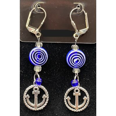 Handmade Anchor with Blue & White Glass Bead Earrings by Neanie-Bot