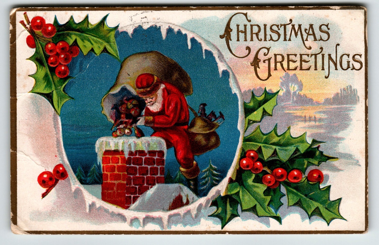 Christmas Postcard Santa Claus On Home Roof Chimney Toy Sack 1909 Santway 101