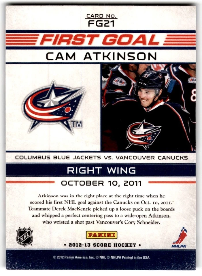 2012-13 Score First Goal Cam Atkinson #FG21 Columbus Blue Jackets - Image 2 of 2