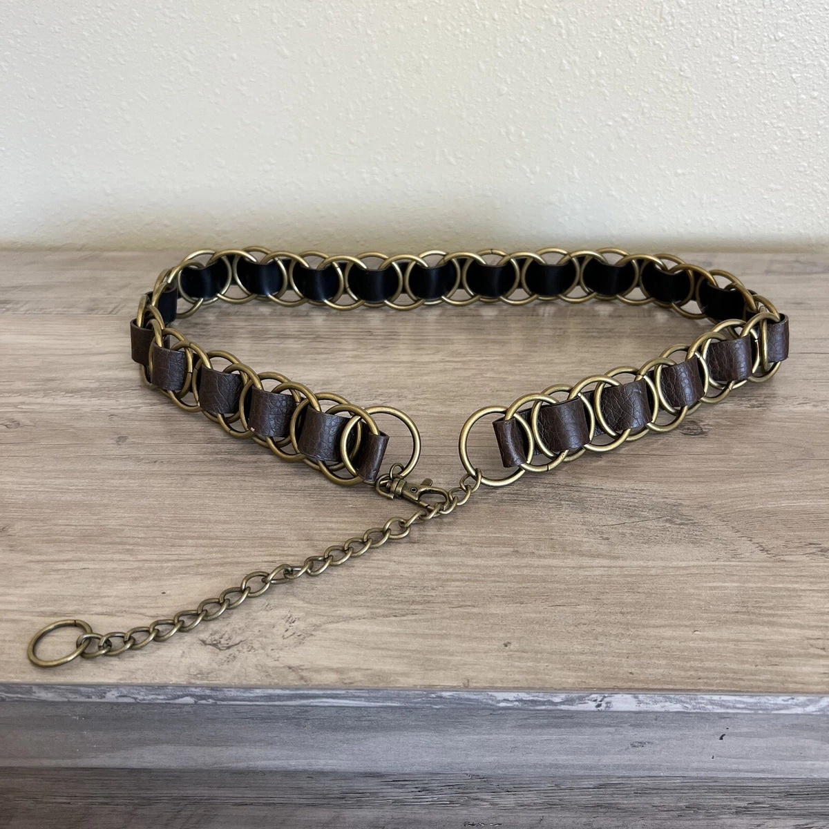 Vintage Brown Genuine Leather Wide Chain Link Belt Boho Western Medium M Brown Leather Chain Belts for Women for sale | eBay main image 4