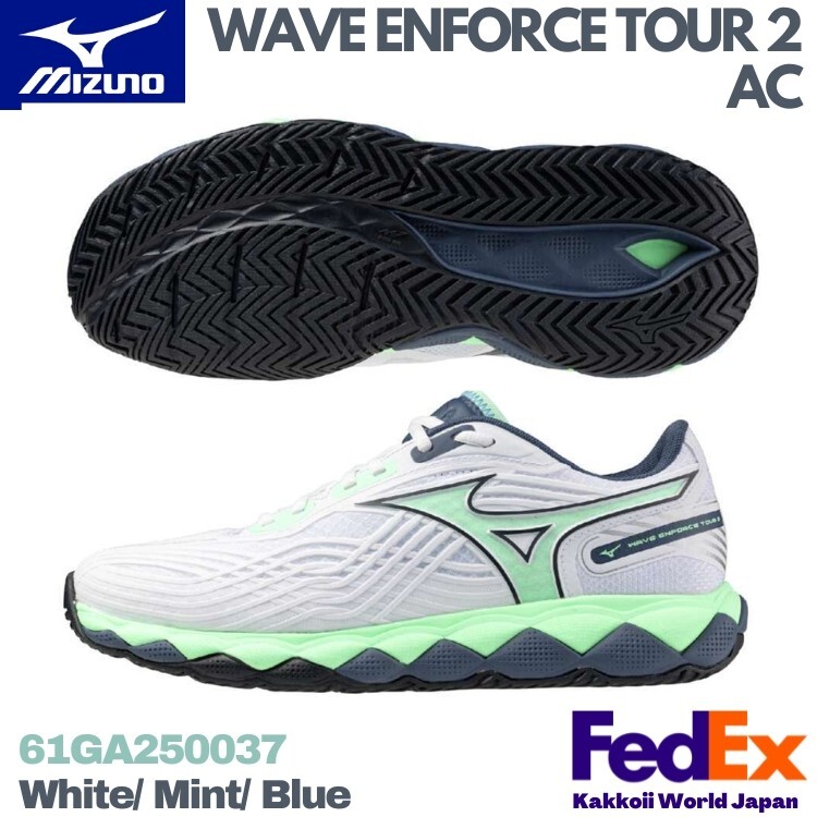 Mizuno Tennis Shoes  WAVE ENFORCE TOUR 2 AC White/ Mint/ Blue 61GA250037 UNISEX
