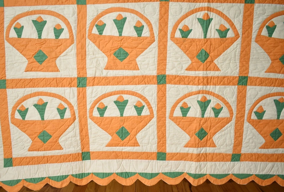 OUTSTANDING Vintage 30's Flower Basket Antique Quilt ~VIBRANT ORANGE! - Image 4 of 4