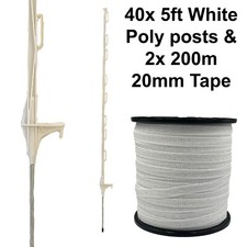 40 x 5ft (160cm) Electric Fence White Posts + 2 x 200m of 20mm Poly Tape Fencing