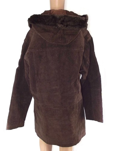 Cappotto Da Donna Taglia 48 50 2Xl 3Xl Marrone Crosta Di Cuoio Cappuccio Pelle - Picture 3 of 13
