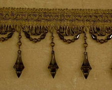 Beaded FRINGE Trim for DRAPERY and UPHOLSTERY in(Anti Gold /Dark Brown) Per Yard