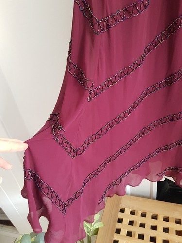 Warehouse Burgundy Silk Maxi Dress, UK Size 14 Beaded V-Neck Bias Cut - Picture 7 of 13