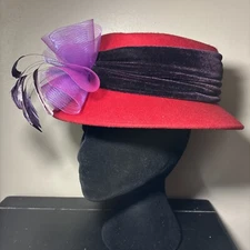 Red Hat Society Red Wool Felt Bucket Hat Purple Velvet Band Tulle and Feathers