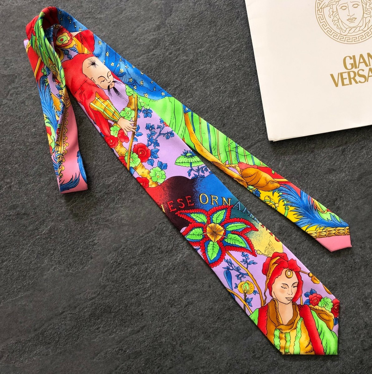 GIANNI VERSACE COUTURE silk tie Chinese Ornaments print purple
