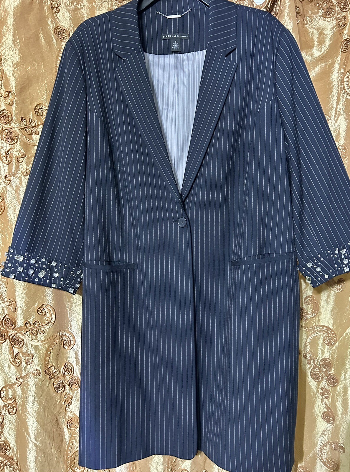 Black Label By Chicos Long Striped Jacket, Size 3, Elegant Blue