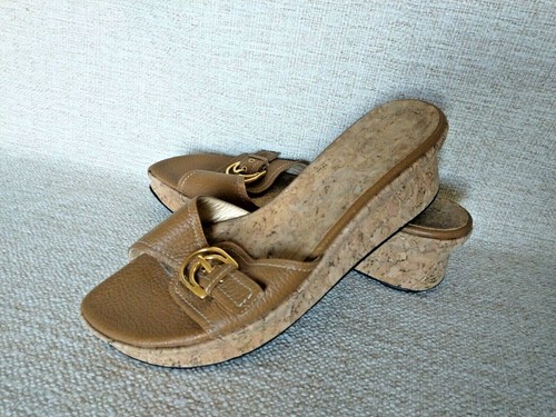 Stuart Weitzman Woman Brown Leather Cork Wedges Sandals Slid-on Buckles US9.5B - Picture 1 of 11