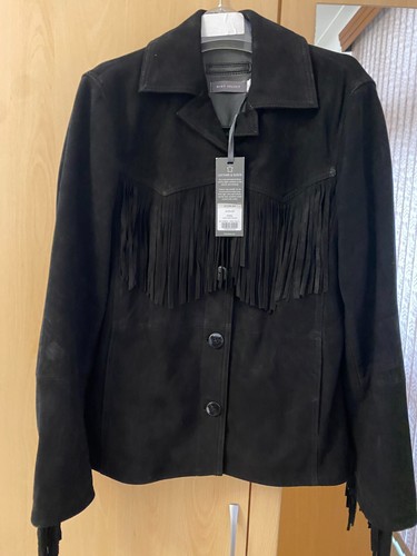 Neuwertige Samtjacke schwarz Leder Wildleder Quaste Fransen UVP 329£