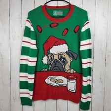 Pug Knit Ugly Christmas Sweater Dog Eating Cookie Adult Sz Medium Green Striped