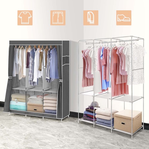 Large Triple Fabric Canvas Wardrobe Clothes Cupboard Hanging Rail Storage Closet - Picture 2 of 8
