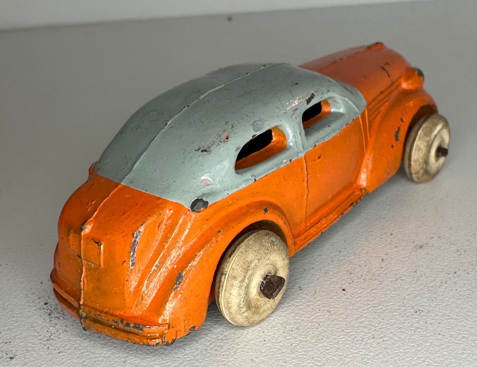 Vintage Lead Cast Toy Cars Rubber Wheels 1 Red, 1 Green, 1 Orange & 1