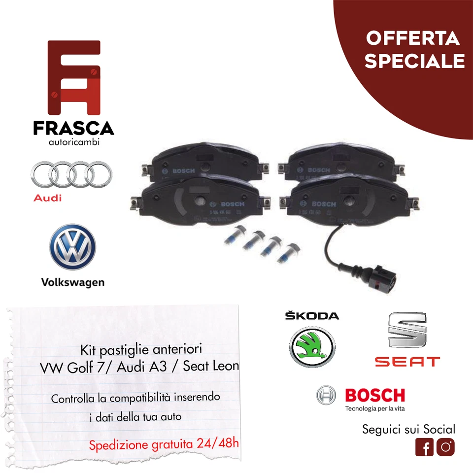PASTIGLIE FRENO ANTERIORI BOSCH 0986494660 VW GOLF 7 PASSAT AUDI A3 PASTICCHE