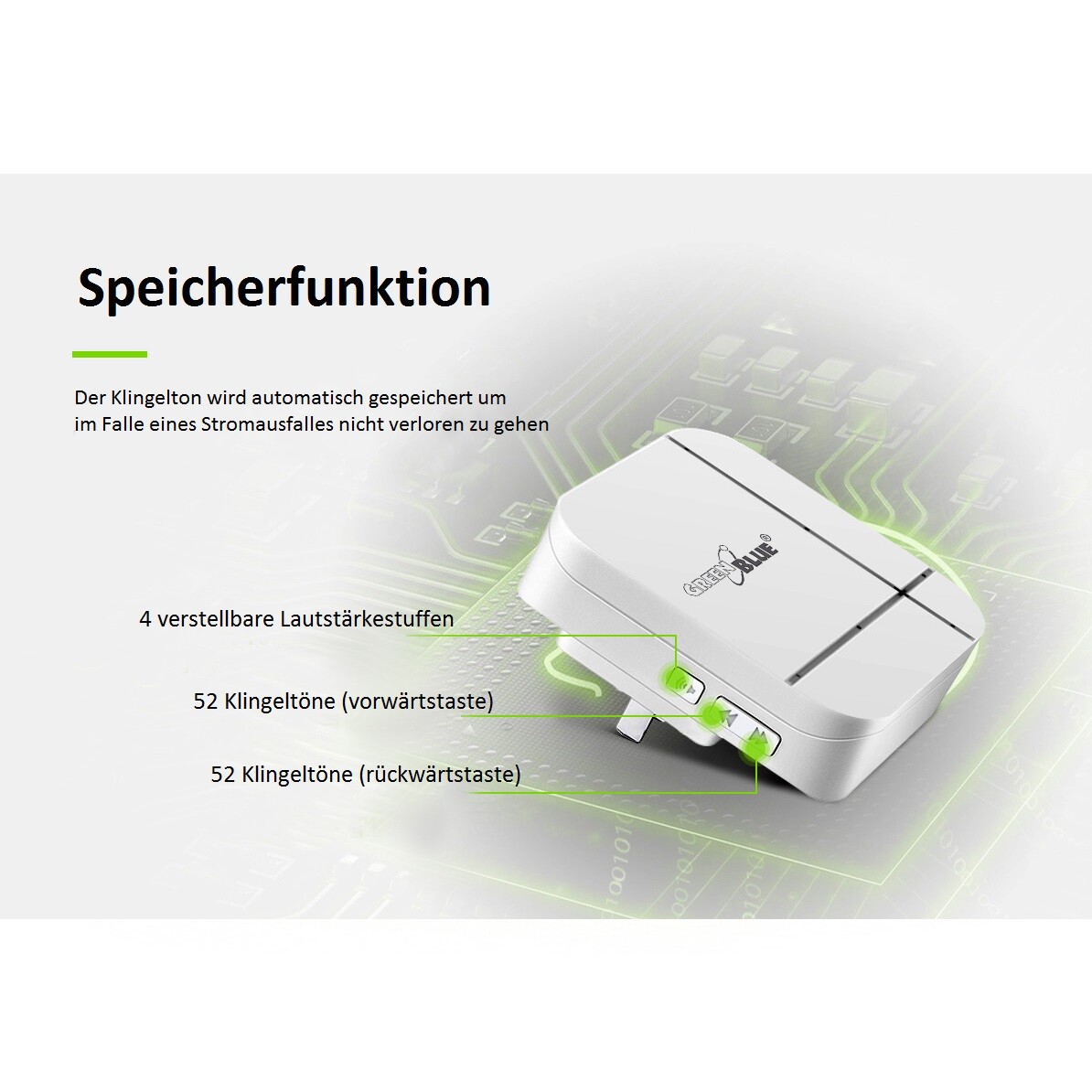 Green Blue GB212 Funkklingel Mit Bewegungsmelder - 52 Melodien, 120m Reichweite - Steckdosen-Empfänger