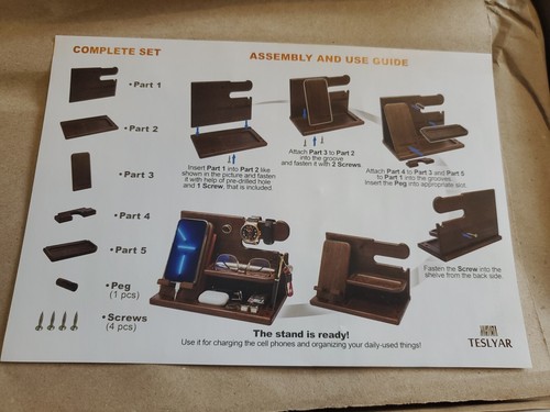 TESLYAR Wood Phone Docking Station Key Holder Wallet Stand Watch Dark Brown New - Photo 4 sur 4