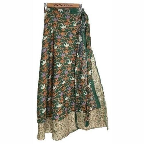 Sari Wrap Long Skirt Reversible 38"L 50"W Green Cream Two sides