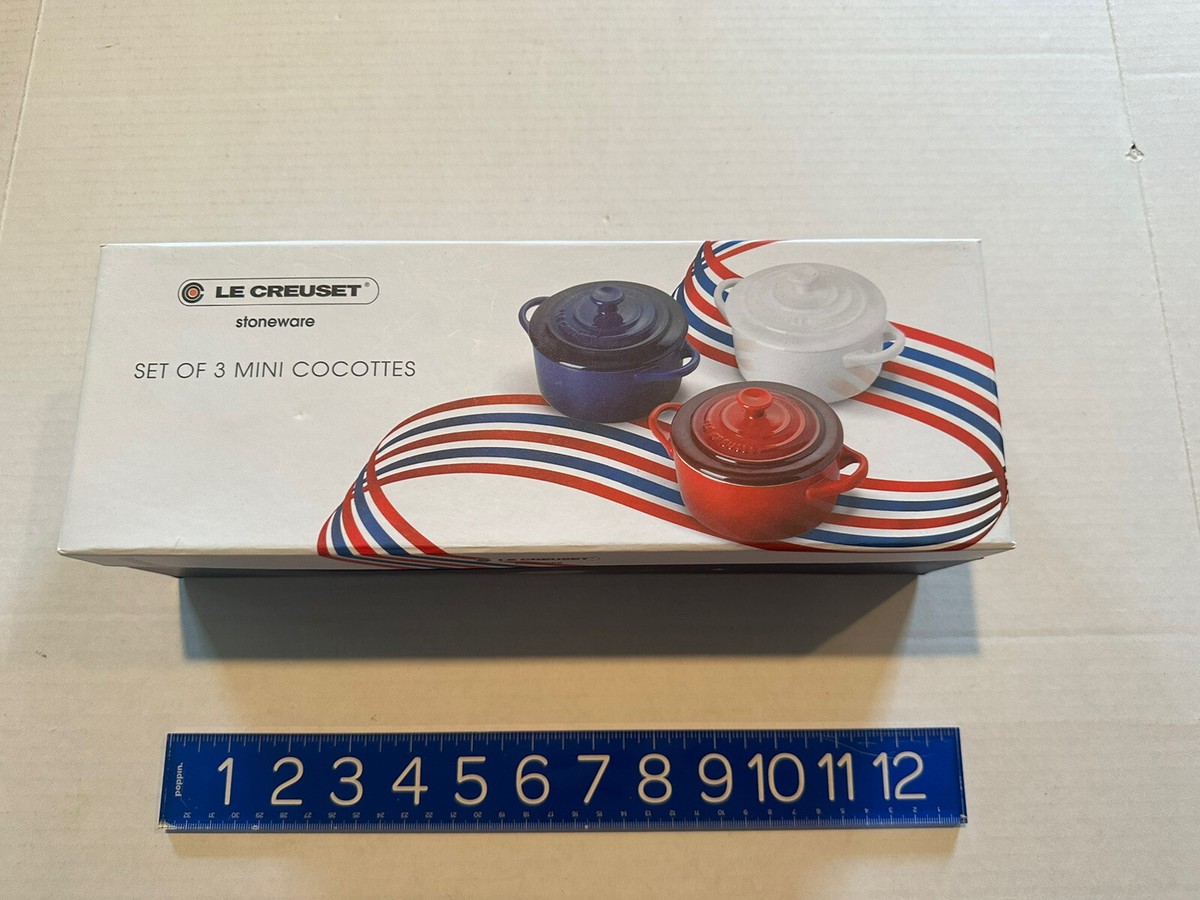 Le Creuset Set of 3 Mini Cocottes Ramekins Red White Blue