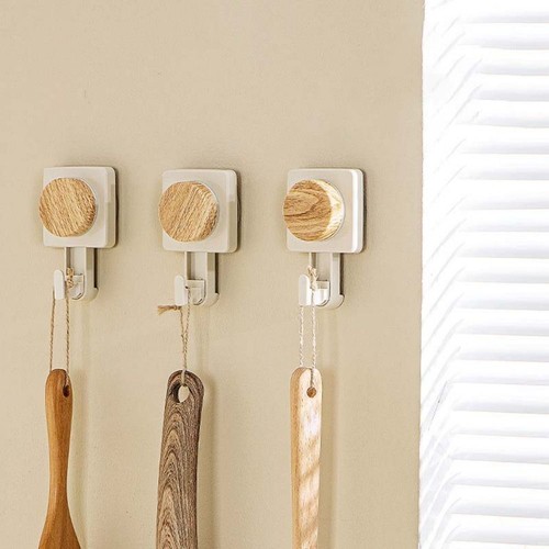 2Pcs Plastic Suction Cup Hook Wood Grain Pattern Wall Vacuum Hooks Kitchen