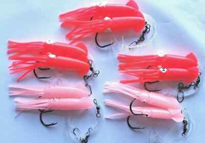 5x gemischte Farben Double WINGED SQUID MUPPET Angelköder Rig 6/0 Circle Hook UK