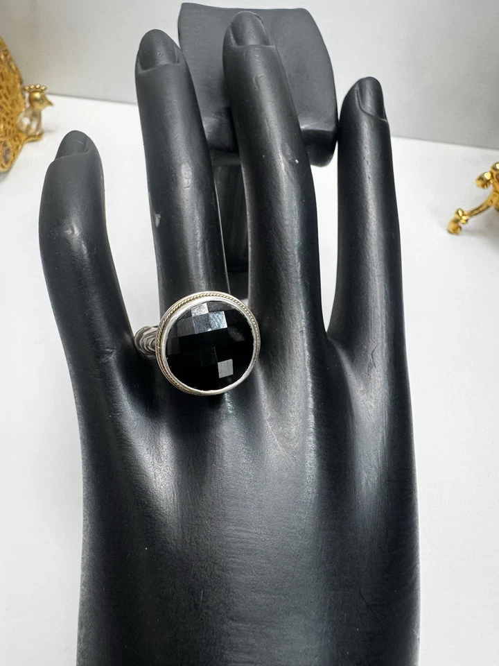 Anillo de lujo EFFY de plata de ley 925 y oro de 14 quilates de ónix negro talla 8,75 ornamentado firmado Foto 2 de 4