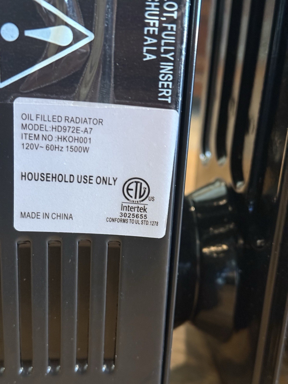 1500 W Portable Oil Filled Radiator -Black Unit - No Remote