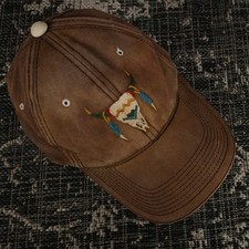 Brown Rodeo Baseball Cap Hat Embroidered Native Steer Skull Western Adjustable