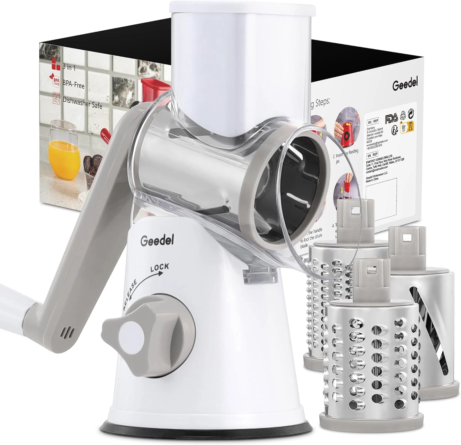 Rotary Cheese Grater, Kitchen Mandoline Vegetable Slicer with 3 Interchangeable
