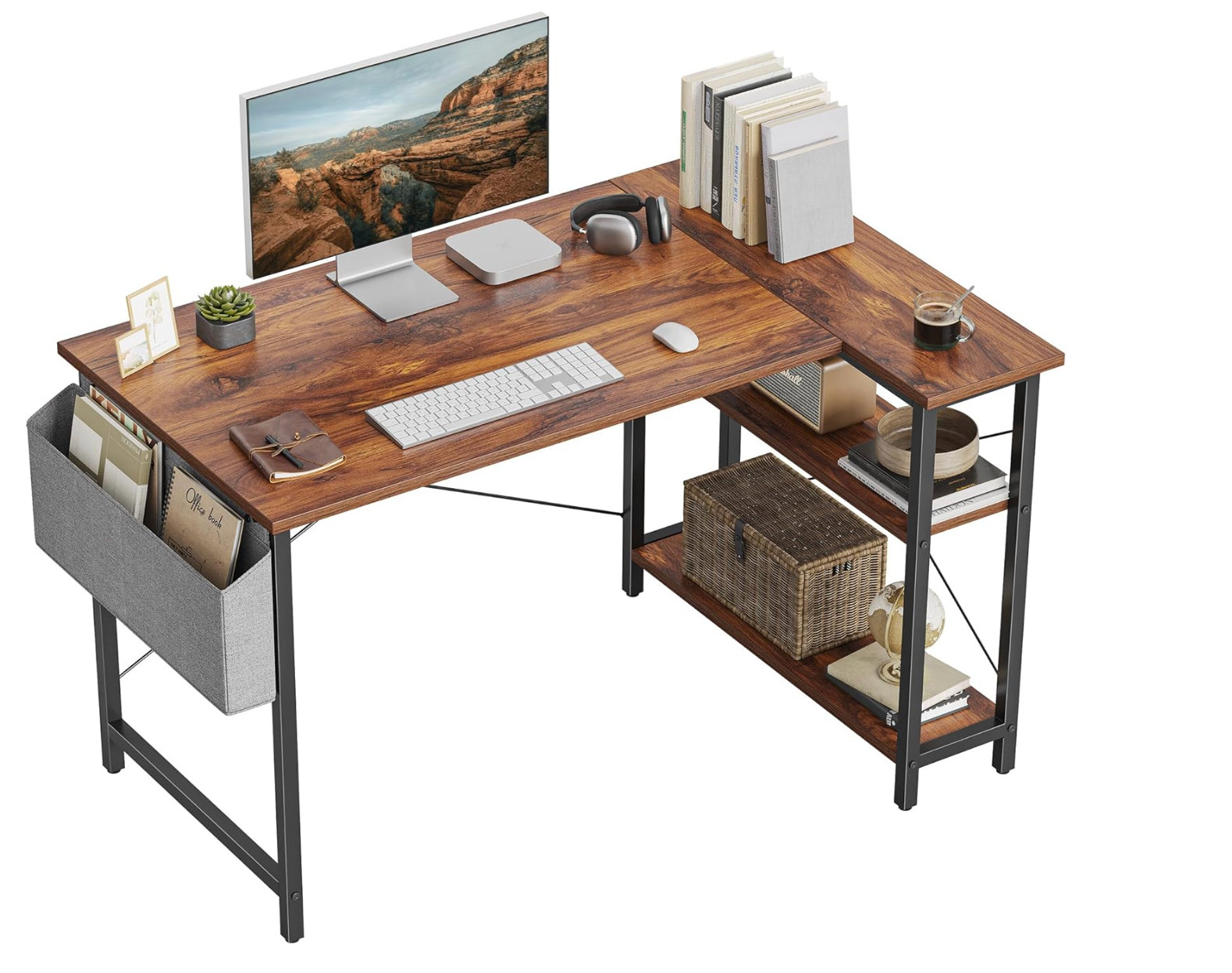 CubiCubi 47" L Shaped Corner Desk w/ Storage Shelves Home Office Rustic Brown