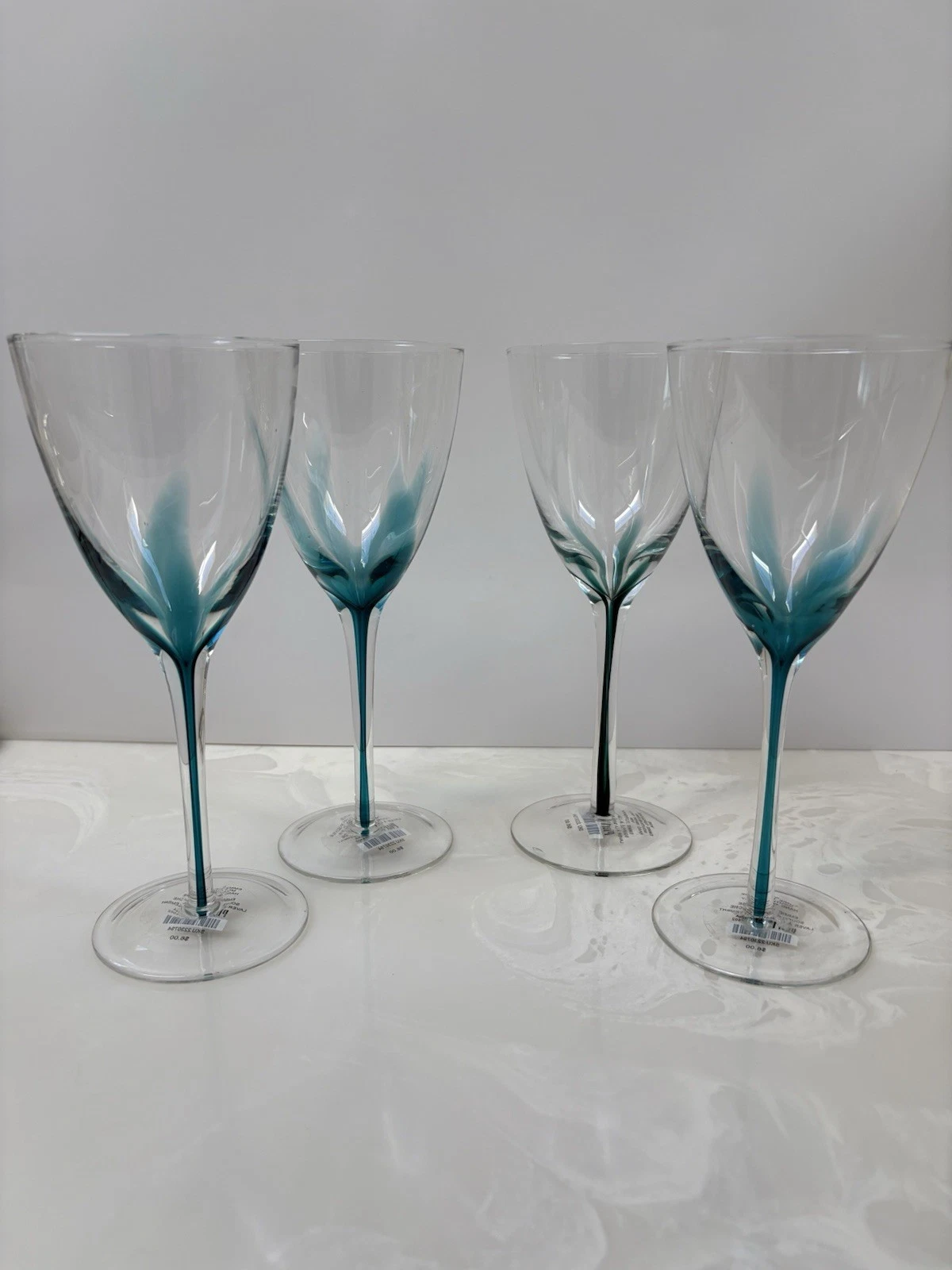 NEW Pier 1 Emmie Crystal Wine Glasses 4 HandBlown Turquoise FilamentStem Barware