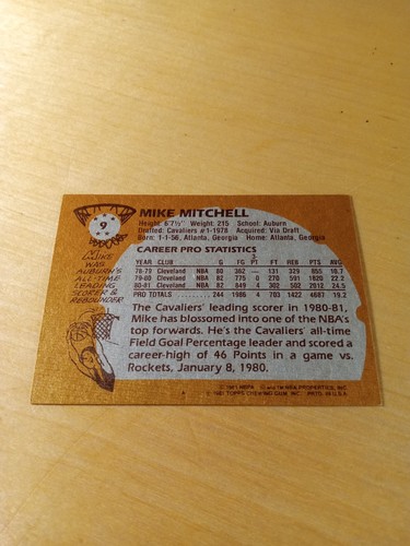 1981/82 Topps #9 MIKE MITCHELL Cleveland Cavaliers Basketball Card, Forward,(VG) - Picture 2 of 2