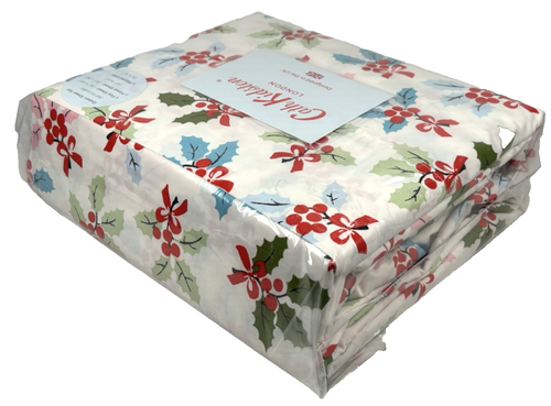 Cath Kidston QUEEN Sheet Set Cotton Percale Christmas Holly White Red Blue Green - Picture 7 of 15
