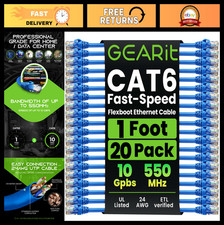 20-Pack Cat6 Ethernet Patch Cable 1ft Snagless Flexible Soft Tab - Premium Quali