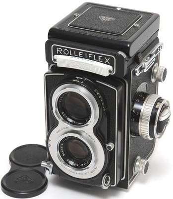Rollei Rolleiflex T White Face TLR 120 film camera w. Schneider Xenar 3,5/75mm