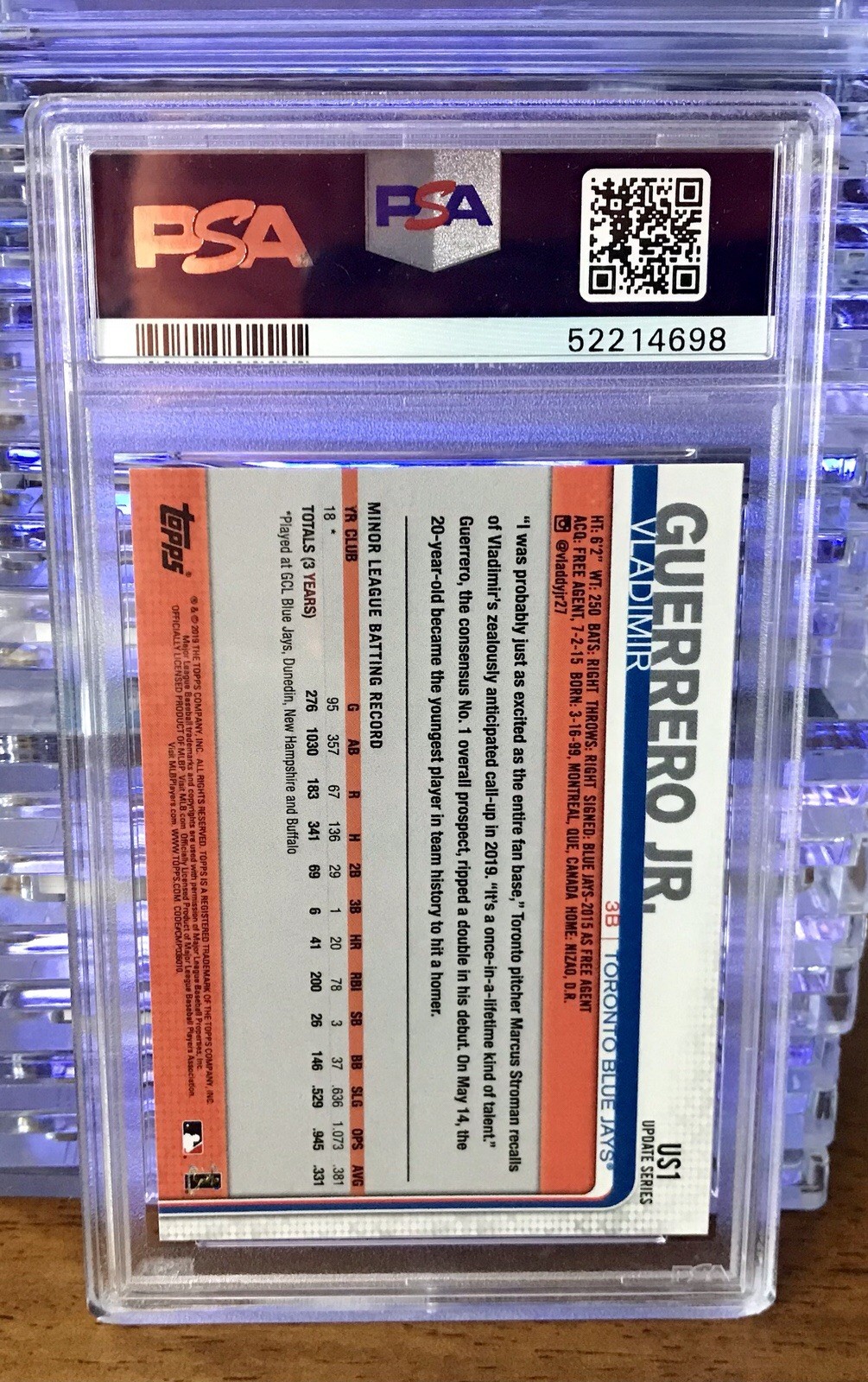 2019 Topps Update Vladimir Guerrero Jr. RC Rookie #US1 Blue Jays PSA 10 GEM MINT view 2