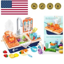 Pretend Play Kitchen Sink Toys with Play Cooking Stove, Pot and Pan with Spra...