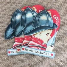 Vintage Valentine Boy Fireman Hat Hose Flame Fire Greeting Card 1940s Lot of 3