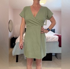 Madewell Cross-Front Flutter-Sleeve Mini Dress: color Dried Aloe size: Small.