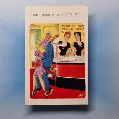 Comic Postkarte um 1965 Blondine gerade verheiratet Grande Hotel sticht eine Meile heraus