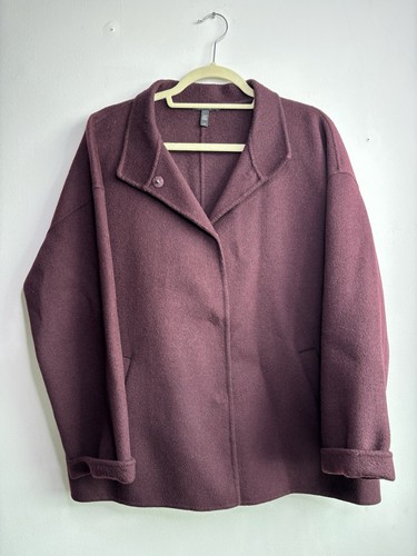 Eileen Fisher Wool and Cashmere Purple Aubergine Coat Size Large Buttons