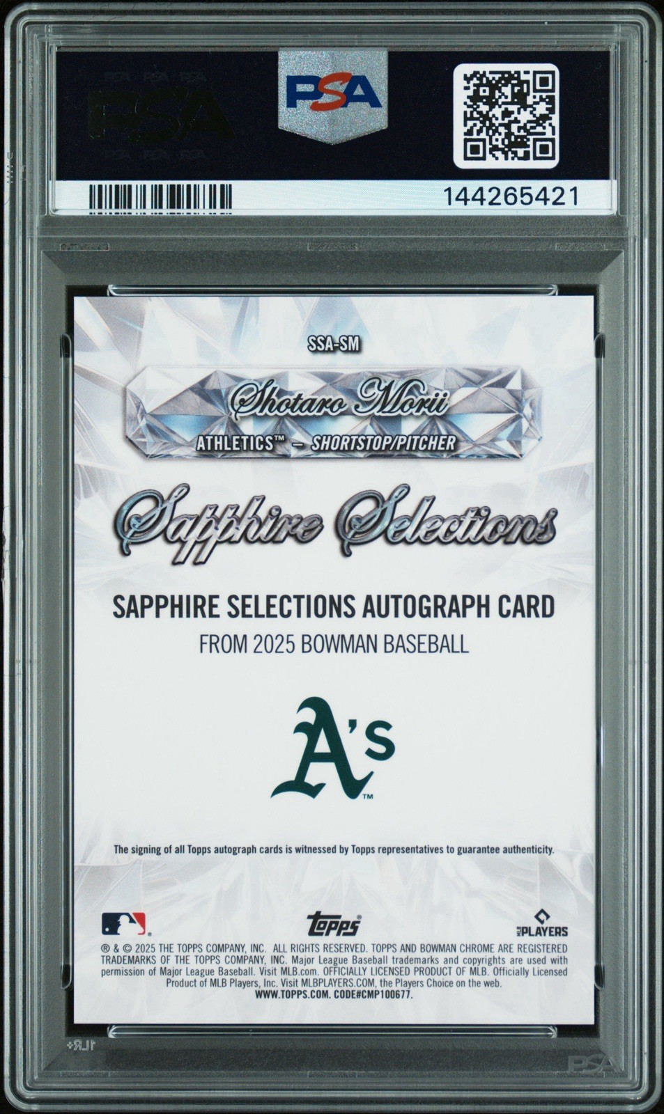 2025 Bowman Chrome Sapphire Selections Orange Shotaro Morii RC AUTO /25 PSA 10 view 3