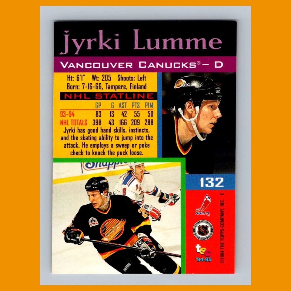 Jyrki Lumme #132 1994-95 Stadium Club Vancouver Canucks Hockey Card NHL - Image 2 of 3