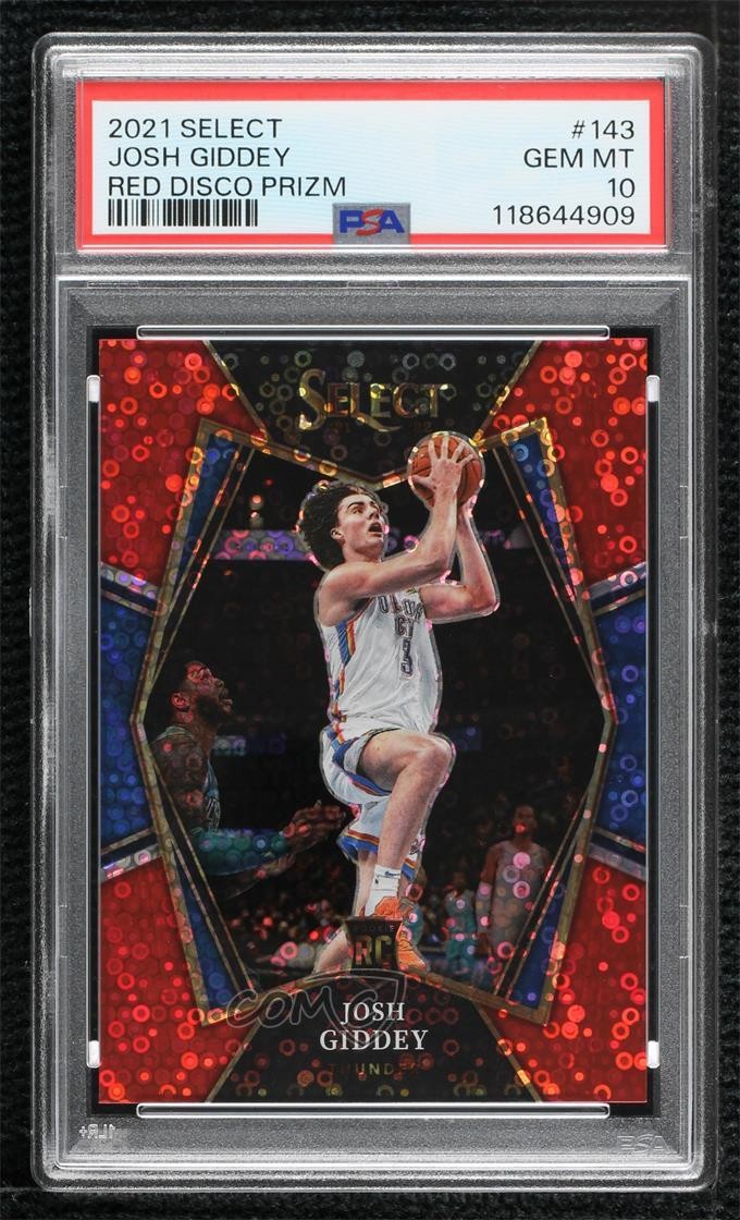 2021-22 Select Premier Level Red Disco Prizm 30/49 Josh Giddey PSA 10 GEM MT 3m8