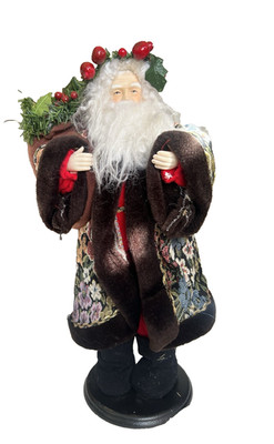 Vtg Floral Tapestry Faux Brown Mink Fur Apple Red Suit Santa Claus 17'' on Stand